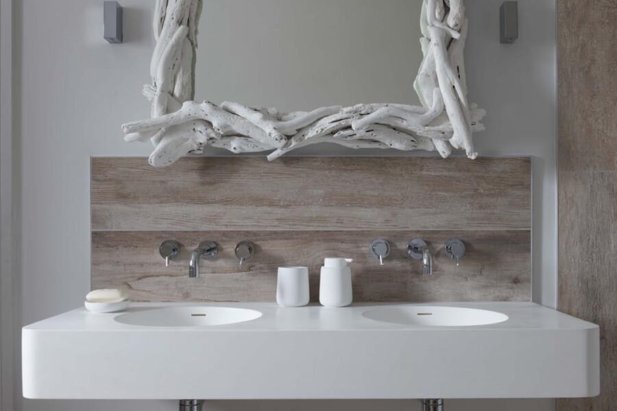 Cart Shed bathroom basins with whitewash wood mirror
