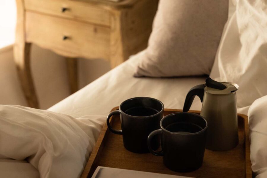 Cosy tea for two in bed with books