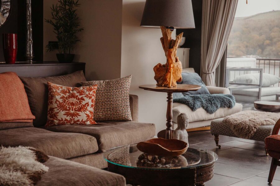 Neutral corner sofa with decorative cushions