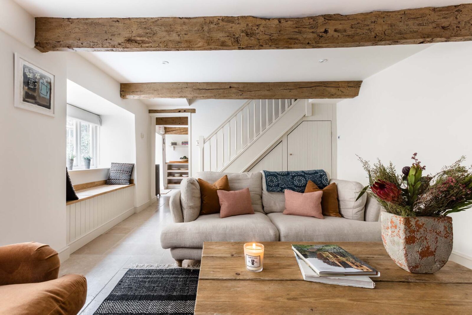 modern rustic living room with wooden beams