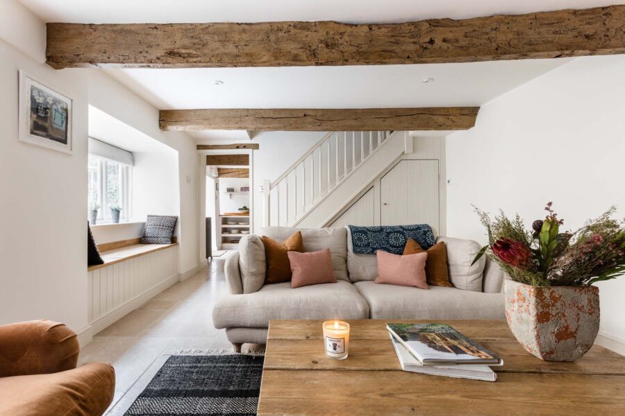 modern rustic living room with wooden beams