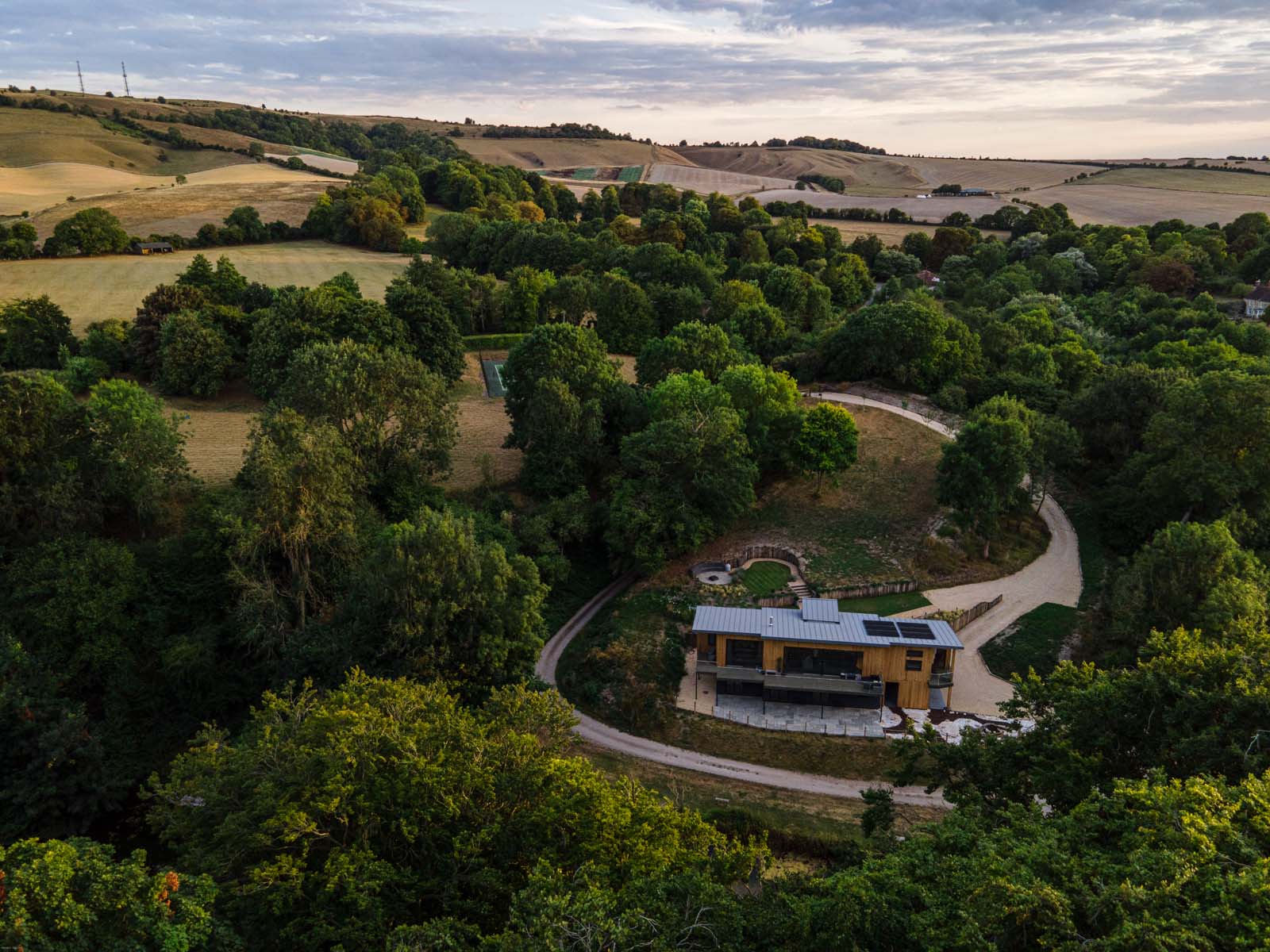 Drone view of Hyggee House lakeside cabin