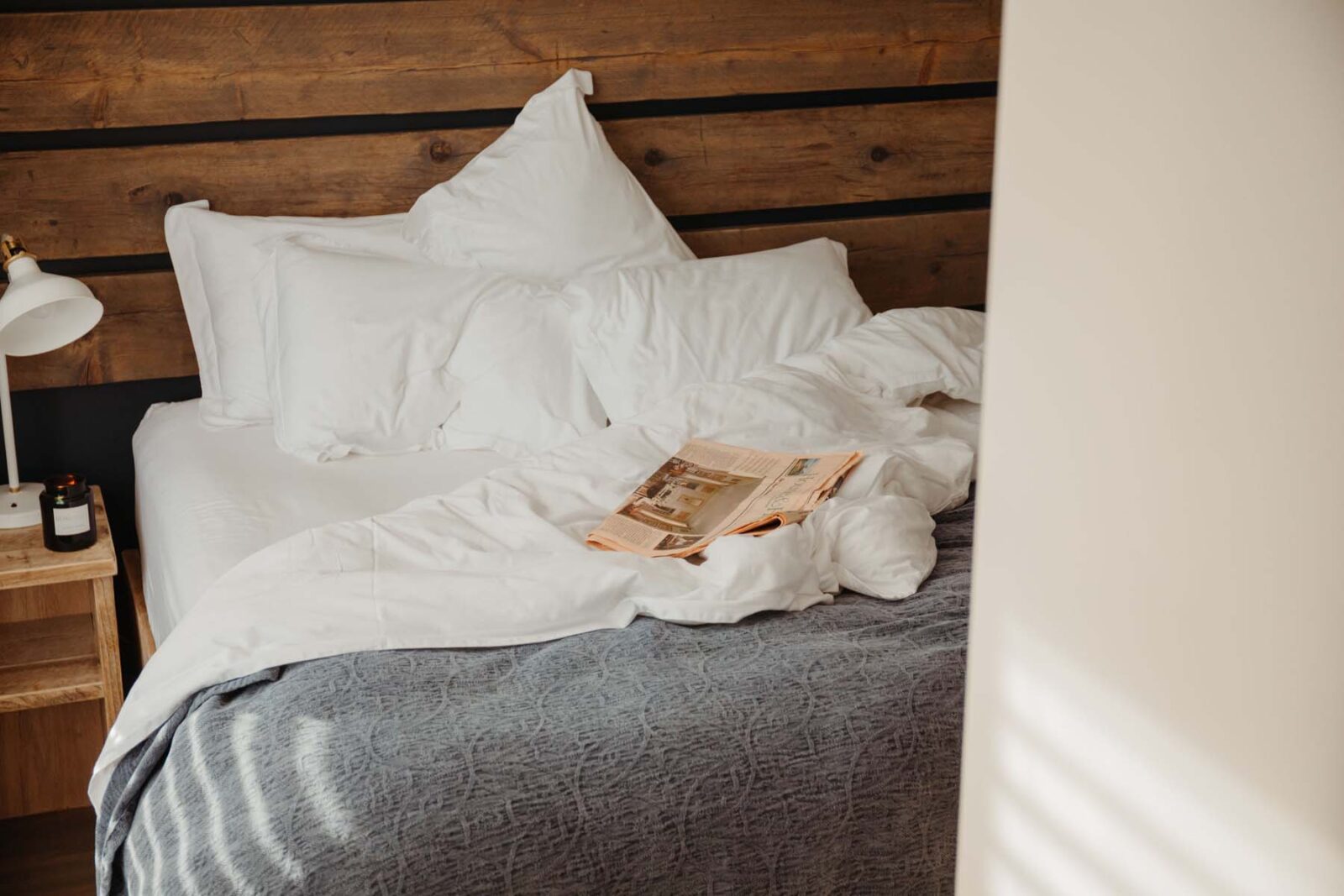 Breakfast in an unmade bed