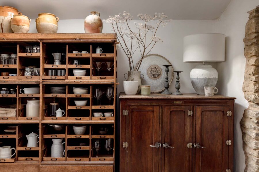 apothecary cabinet filled with ornaments
