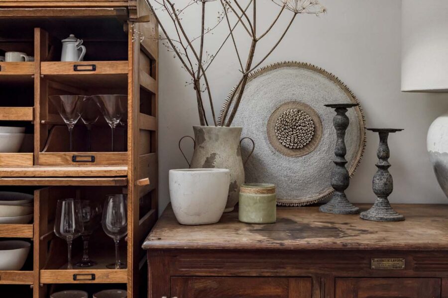 apothecary cabinet filled with trinkets