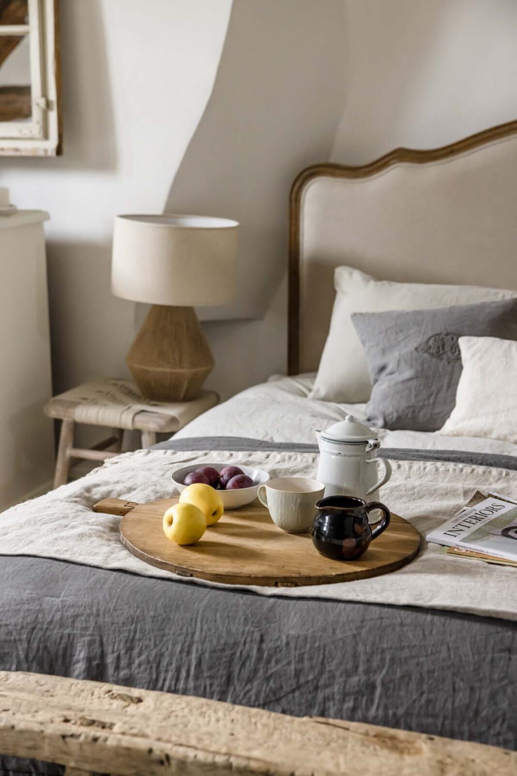 close up of breakfast tray on bed