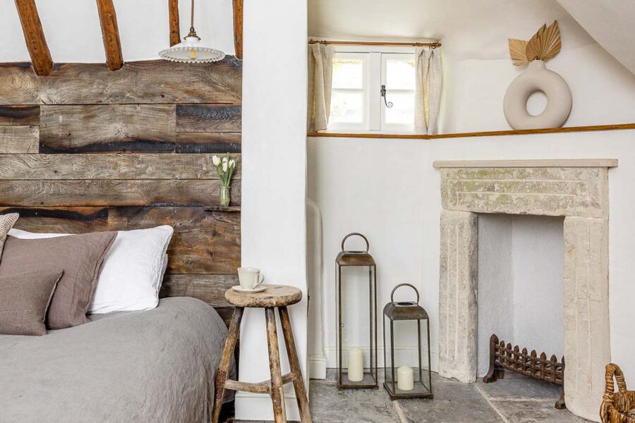 Bedroom with natural rustic decor and exposed wooden beams