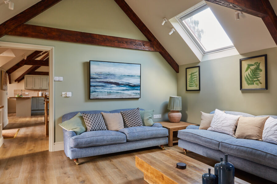 living room with large wooden coffee table