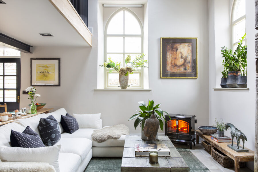 Converted chapel interior with modern bohemian decor