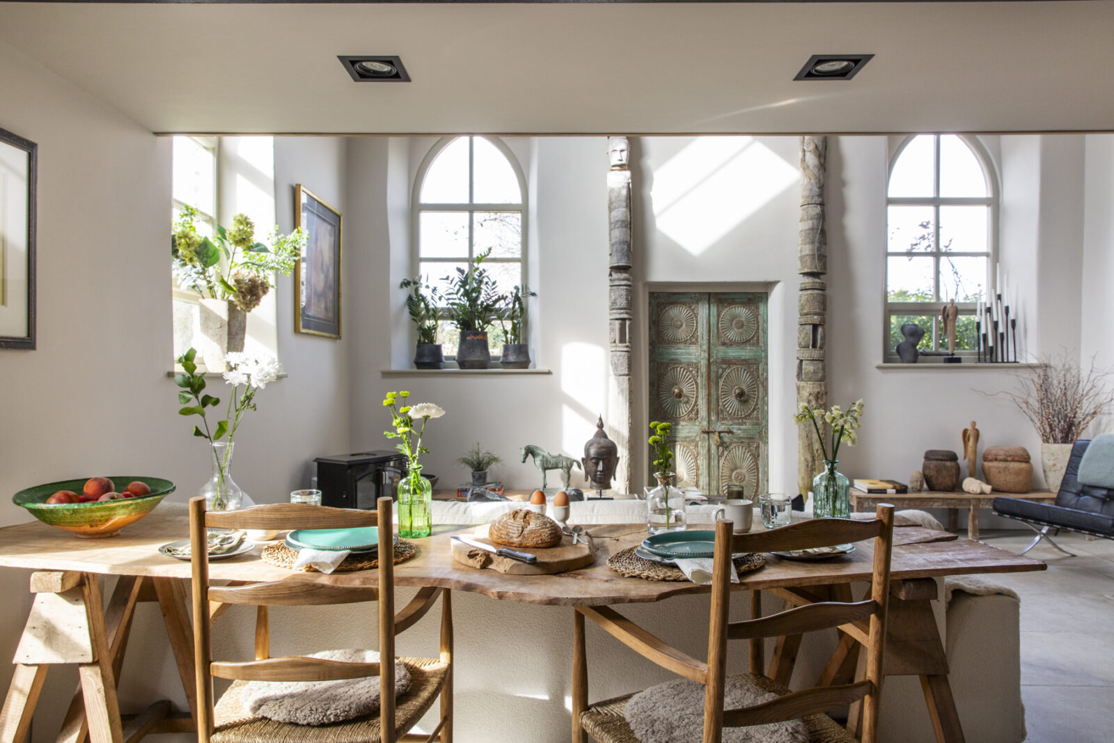 Converted chapel interior with modern bohemian decor